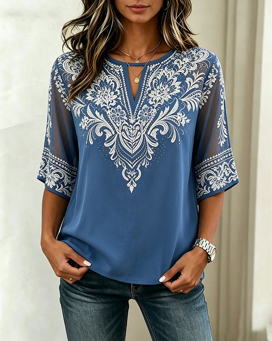 Blus V-Hals Sheer Etnisk Tryck