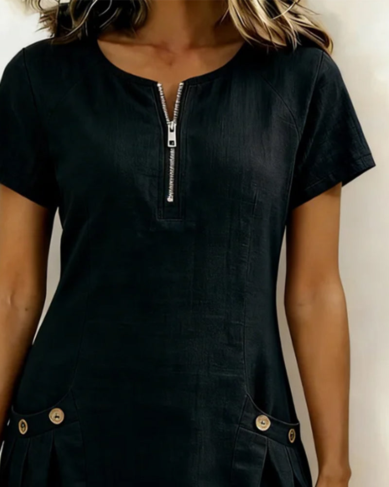 Klänning Dragkedja Ficka Bomull Linne