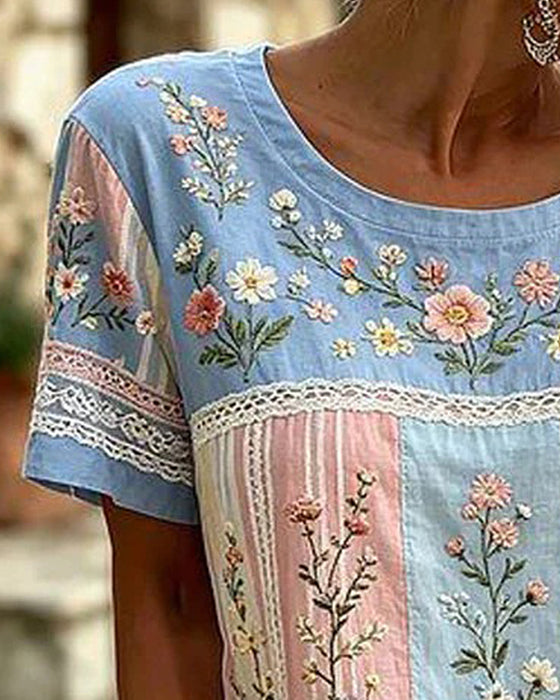 Blus Rundhals Lapptäcke Blommig