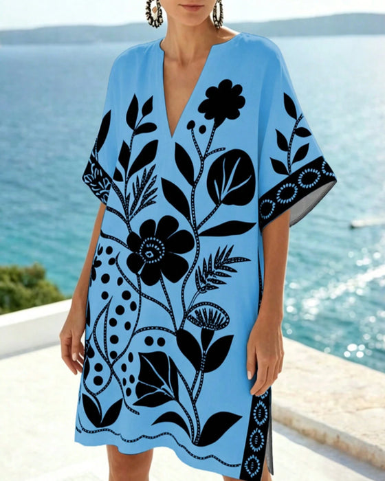 Klänning Floral Print V Hals Slits
