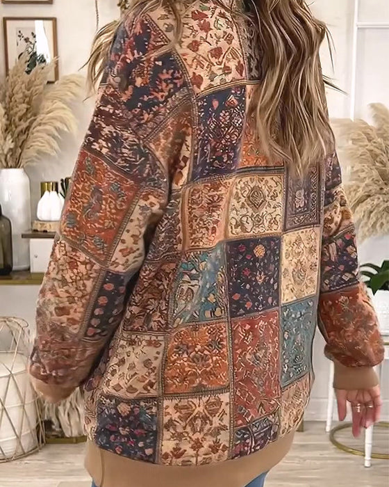 Sweatshirt Rund Hals Knappad Rutmönster Kontrast