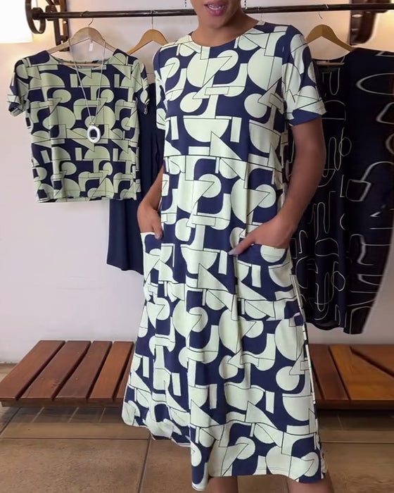 Klänning avslappnad vardaglig rund hals med tryck