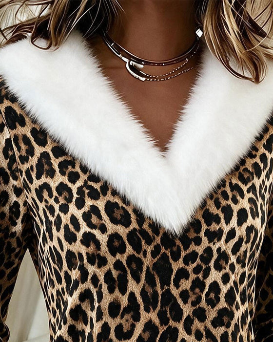 Topp V-Hals Päls Krage Leopard