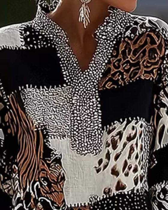 Blus Mandarin Krage Leopard Patchwork