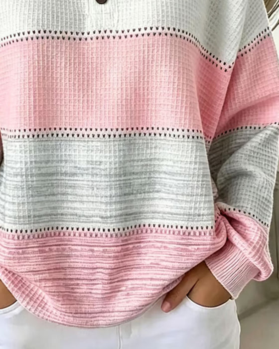 Sweatshirt Färgblock Rund Hals Knapp Våfflad