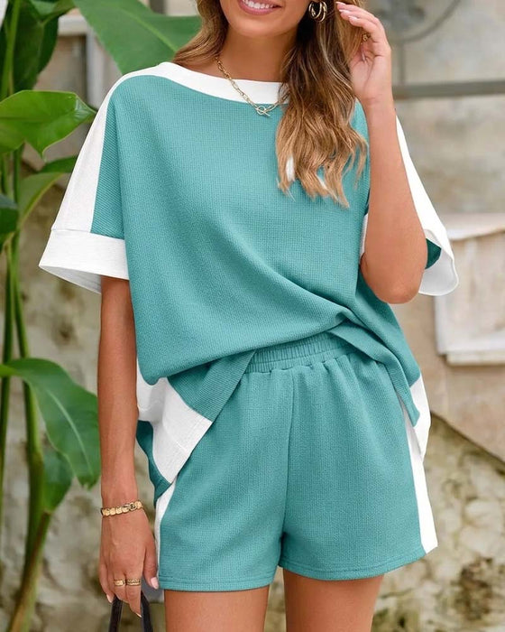 Set Färgblock Kort Ärm Shorts Avslappnad