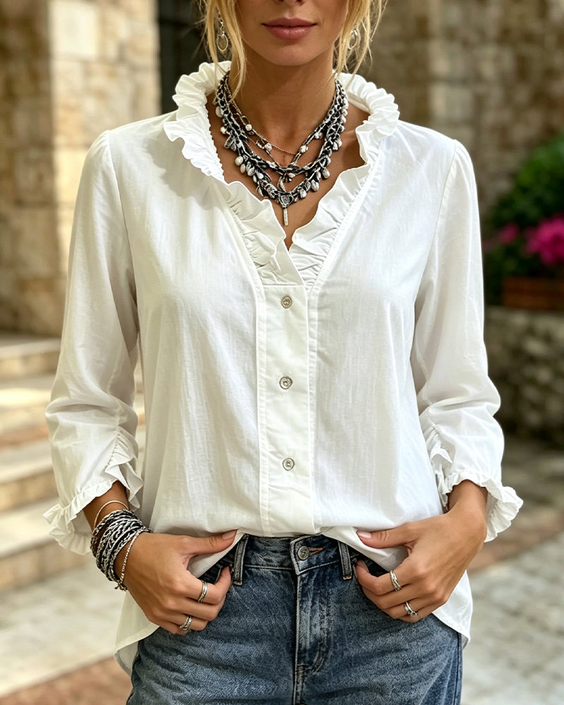 Blus Ruffle Trim Knapp Solid Lång Ärm