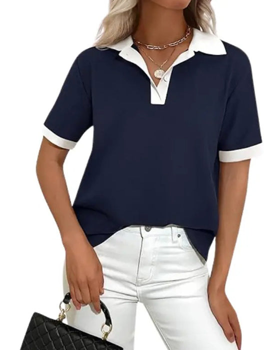 T-Shirt Polo Krage Färgblock Kortärmad