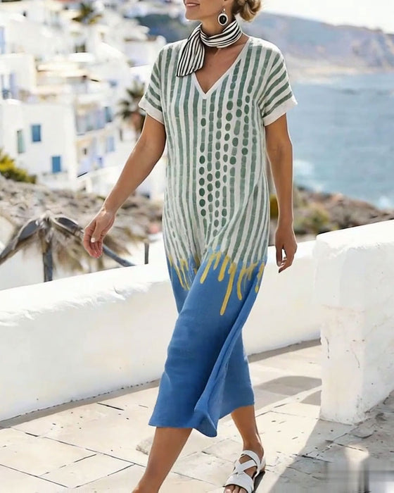 Klänning V-Hals Prickig Randig Kontrastfärg