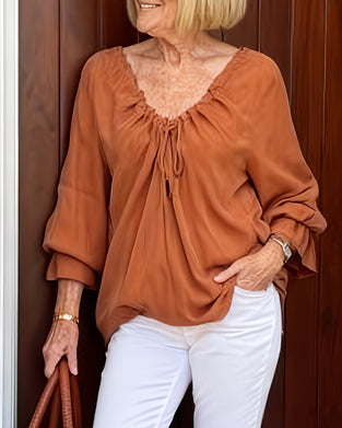 Blus V-Hals Rynkad Knytning Casual