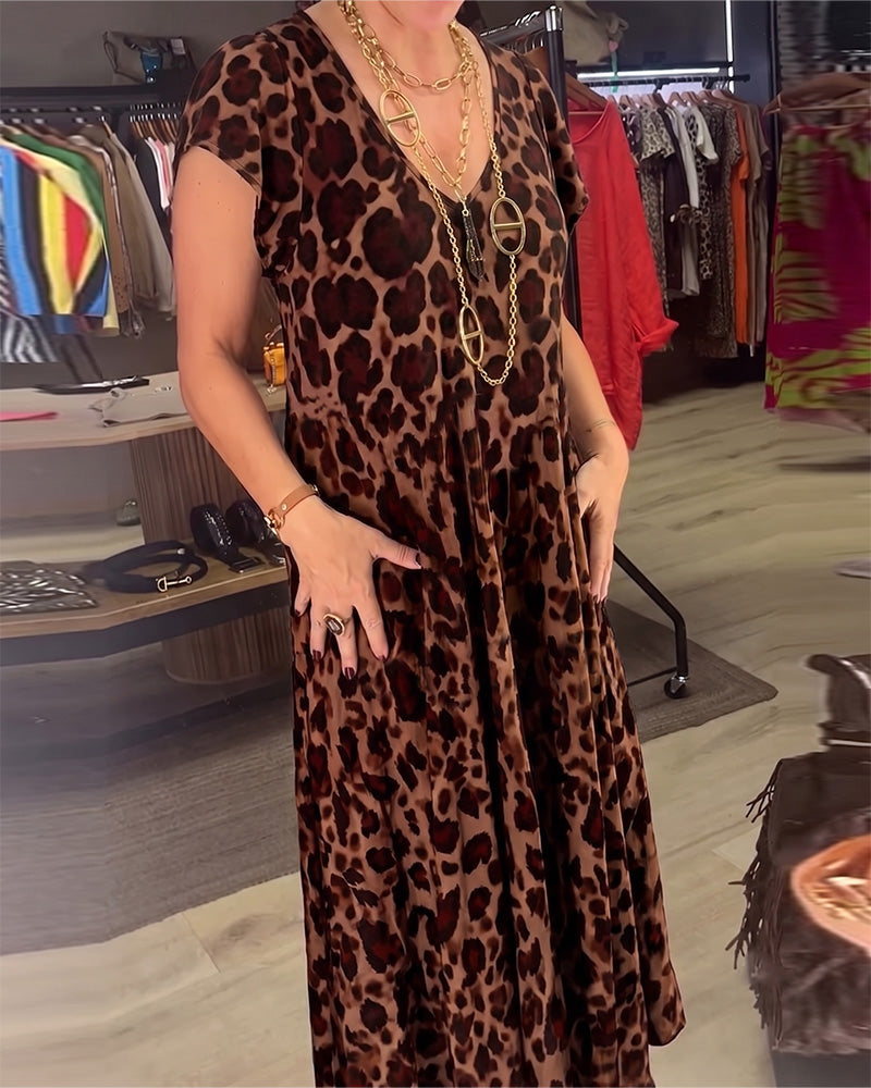 Klädning V-Hals Leopard Kort Ärm