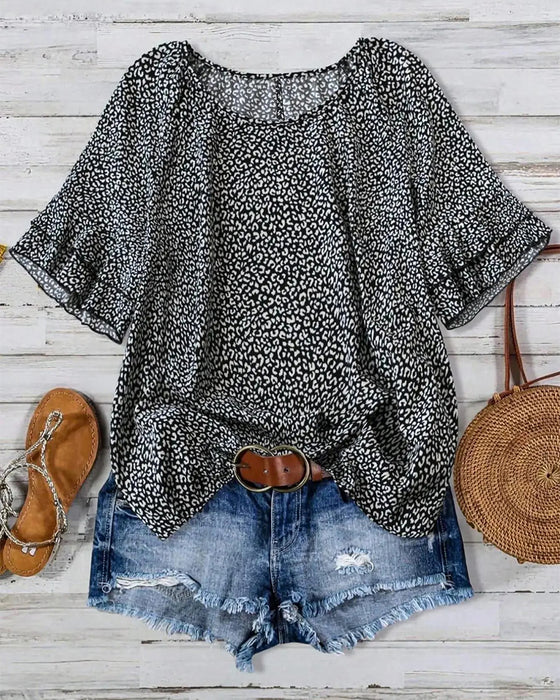 Blus Ruffle Rundhalsad Lantlig Stil