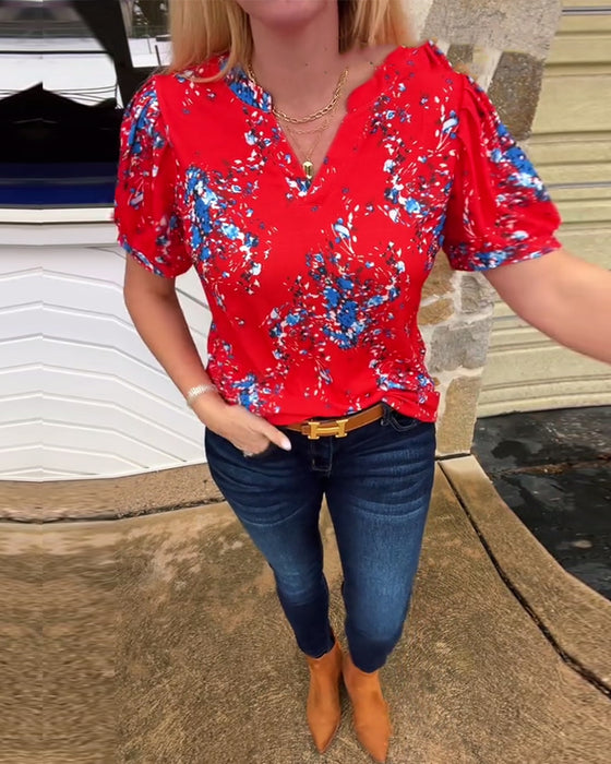 T-Shirt V-ringning Blommönster Kortärmad