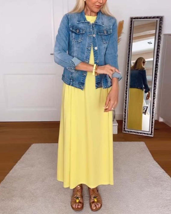 Klänning Casual Rund Halsringning Enfärgad Rät