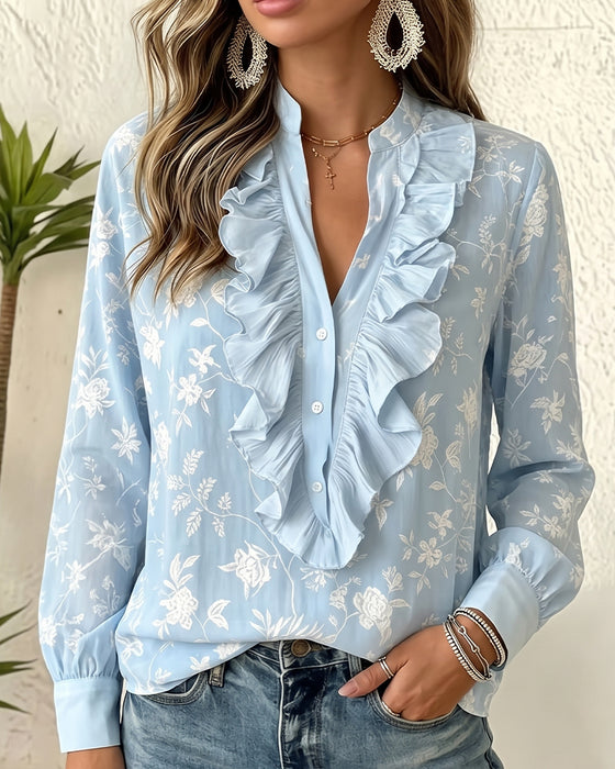 Blus Knapp Fram Ruffle V-Hals Puffärm