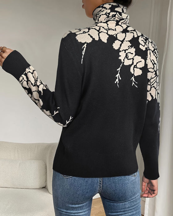 Pullover Hög Hals Blommig Jacquard