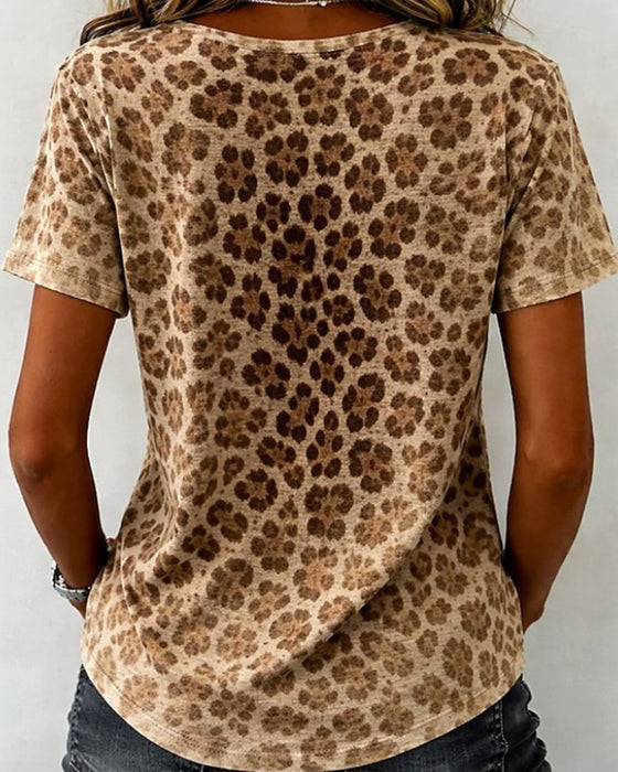 T-Shirt V-Hals Leopard Tryck Gradient Kortärmad