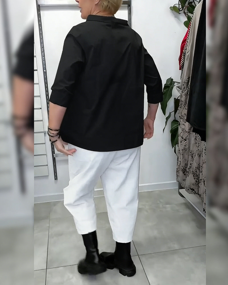 100% Bomull  Blus Vid Krage Enfärgad Casual