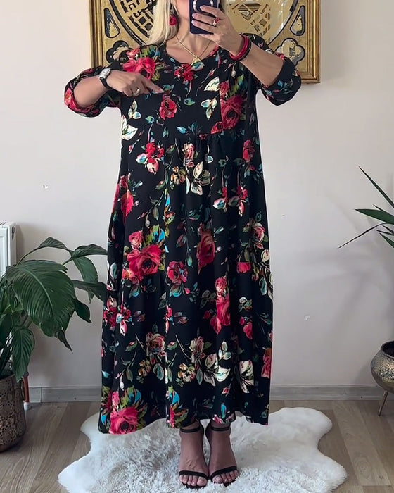 Klänning Lös Oversized Rund Hals Tryckt