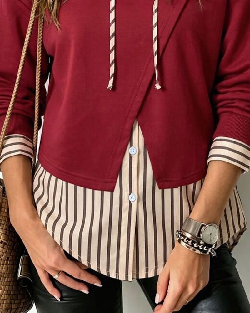 Hoodie Falsk Två Delar Randig Patchwork