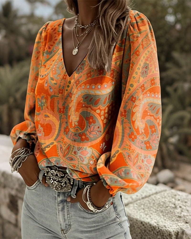 Blus Mönstrad V-Ringad Puffärm