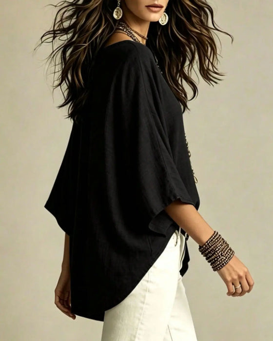Blouse V-Hals Trefjärdedels Ärm Löst