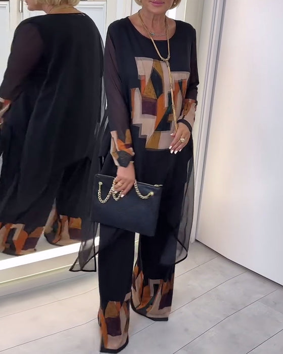 Kostym Elegant Långärmad Tryckt Vida Ben