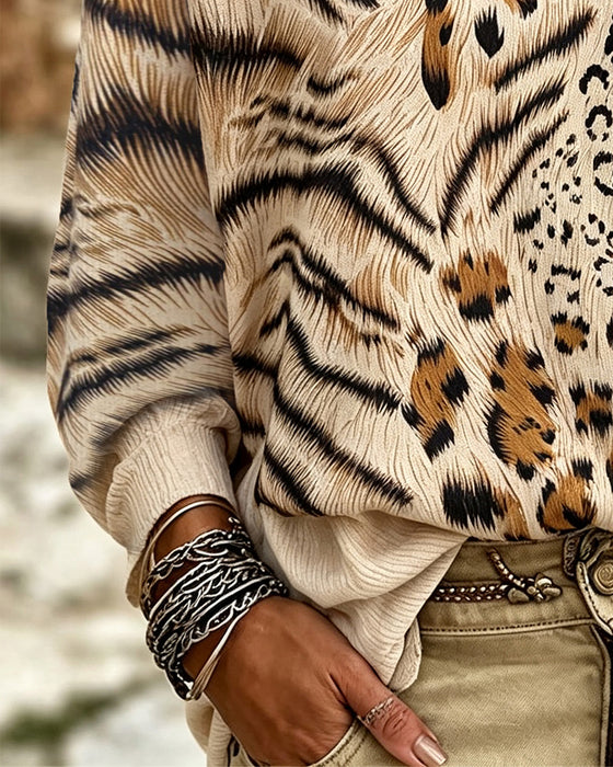Blus Rundhalsad Leopard Lång Ärm