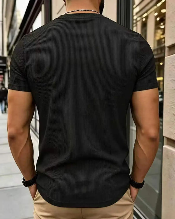 T-Shirt V-Hals Räfflad Solid Färg Herr