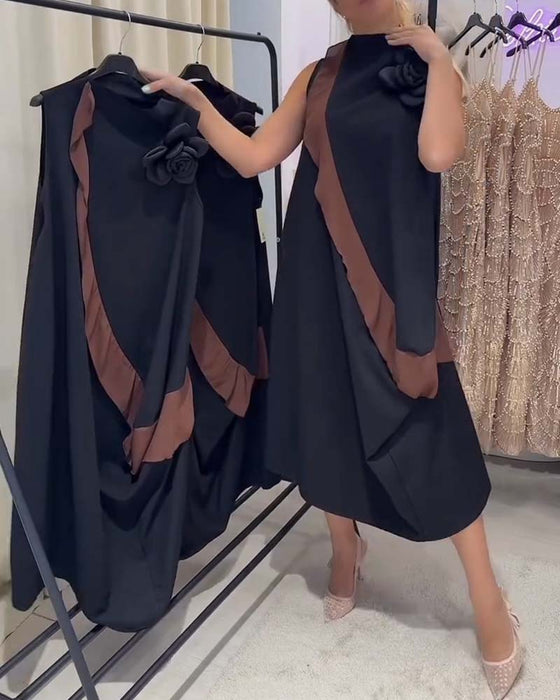 Klänning Tredimensionell Blomblad Näckroslöv Färgkontrast Ärmlös