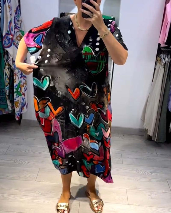 V-ringad love casual klänning med tryck