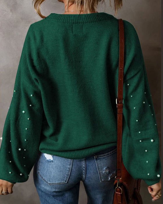 Pullover Med Pärlor Lång Ärm Rundhalsad