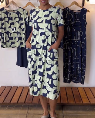 Klänning avslappnad vardaglig rund hals med tryck