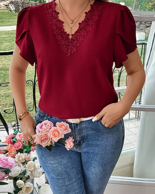 Blus V-Ringad Enfärgad Puffärm