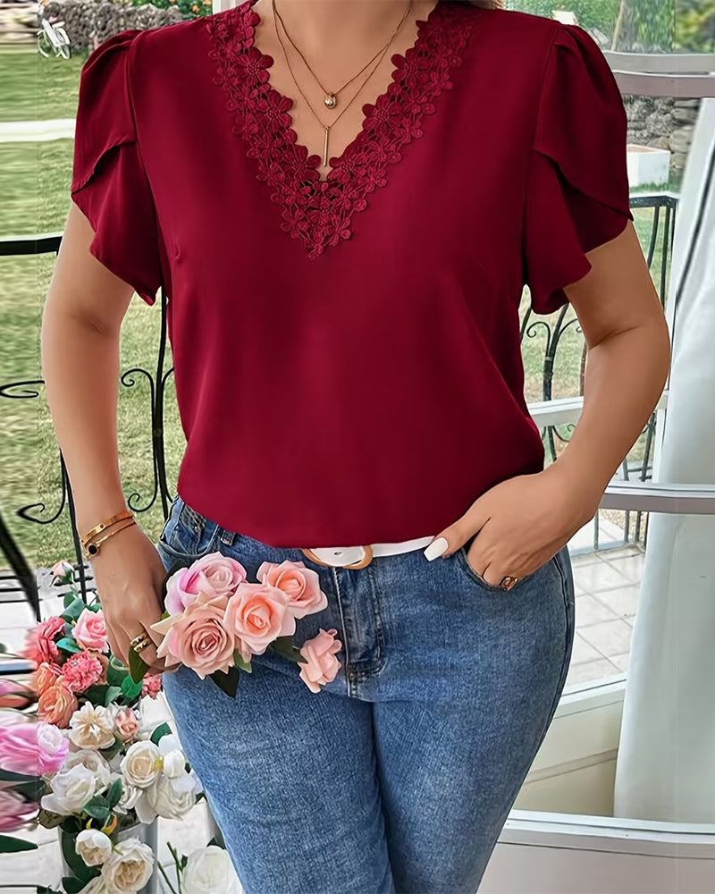 Blus V-Ringad Enfärgad Puffärm