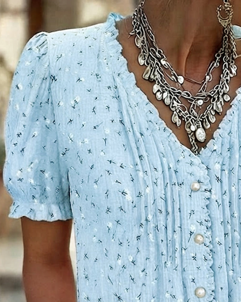 Blus Puffärm Blommig Tryck Kortärmad
