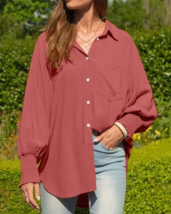 Blus Lös Ficka Enfärgad Elastisk-Ärm
