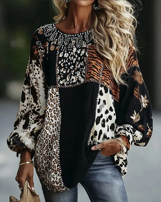 Blus Rundhals Leopard Tiger Tryck Kontrast