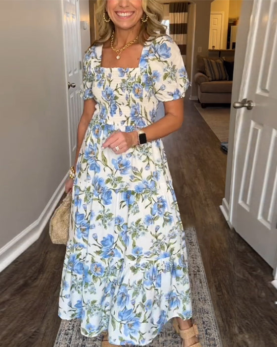 Klänning Fyrkantig Urringning Plisserad Blommig A-Linje