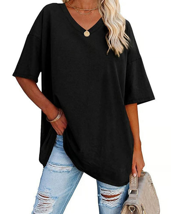 T-Shirt V-Hals Lös Casual Kort Ärm