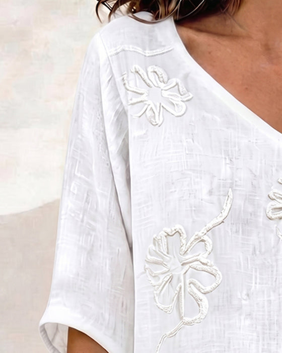 V-Hals Blus Blommig Halvärmad