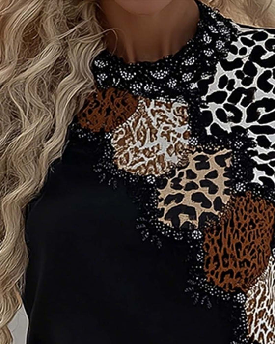 Topp Lång Ärm Leopard Patchwork Casual