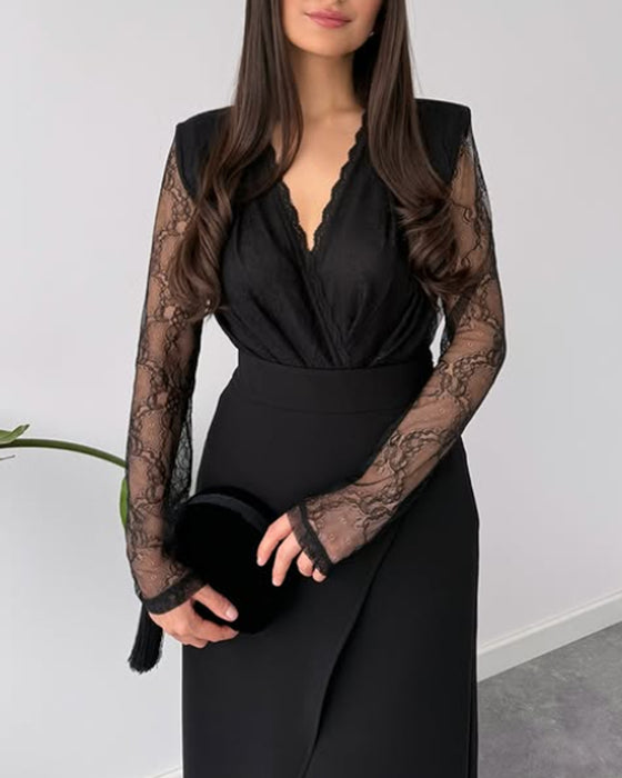 Två-Dels Set Med V-Hals Spets Top, Asymmetrisk Midikjol Och Elegant Stil