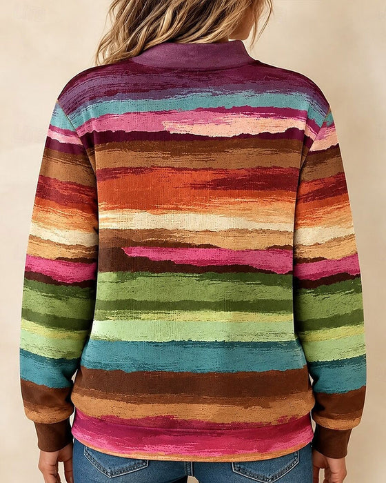 Sweatshirt Vintage Färgglad Randig Halv Dragkedja Ståndkrage Lång Ärm