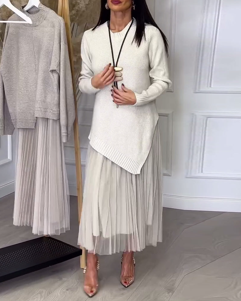 Tvådelat Set Med Pullover Och Kjol I Rund Halsringning Och Oregelbunden Design