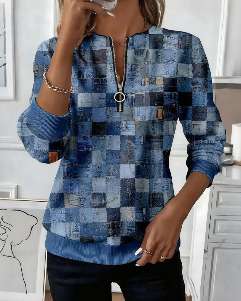 Tröja Halv Dragkedja Krage Rutig Tryck