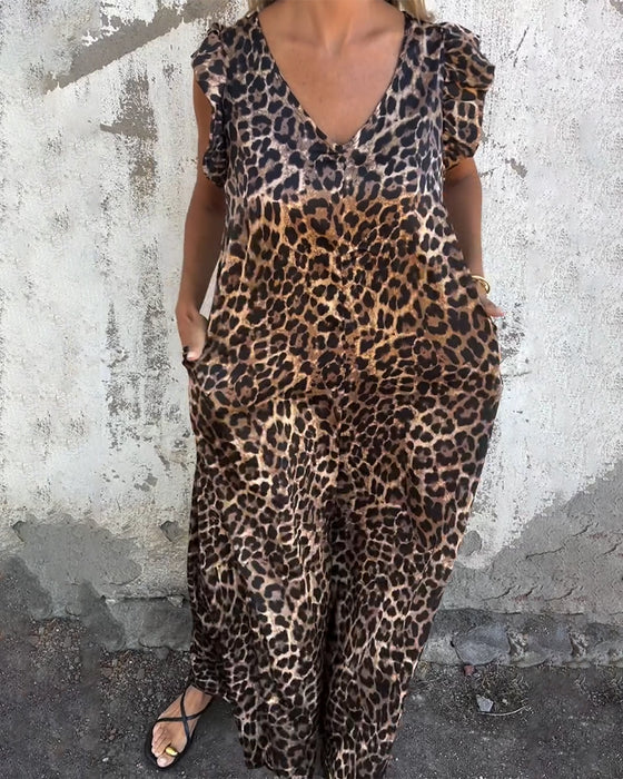 Byxdress V-ringad Leopardmönstrad