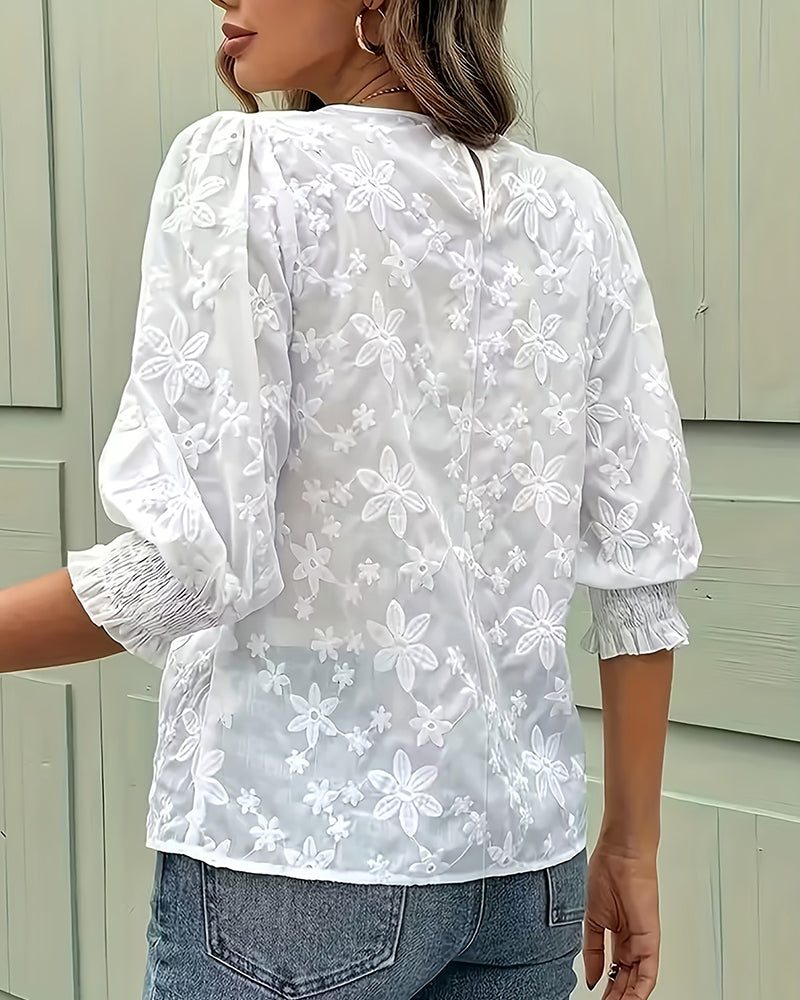 Blus Rundhals Puffärm Tredimensionell Blommig