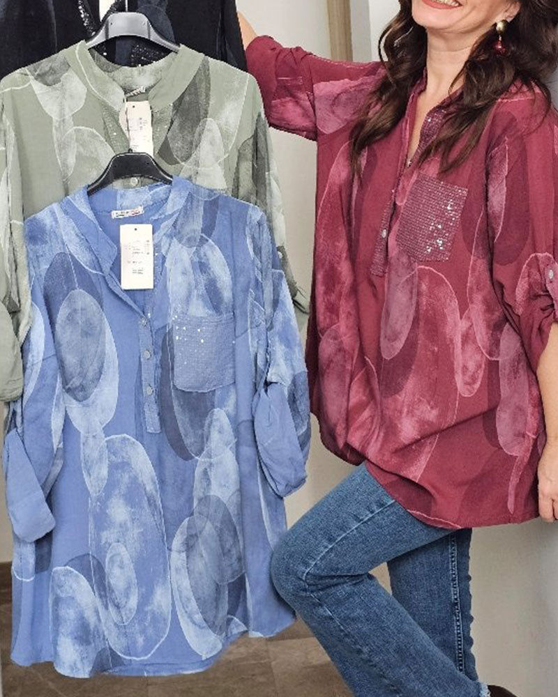 Blus Knäppning Tryckt Ficka