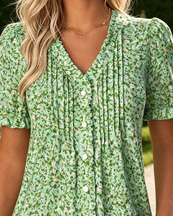 Blus V-Hals Blommig Tryck